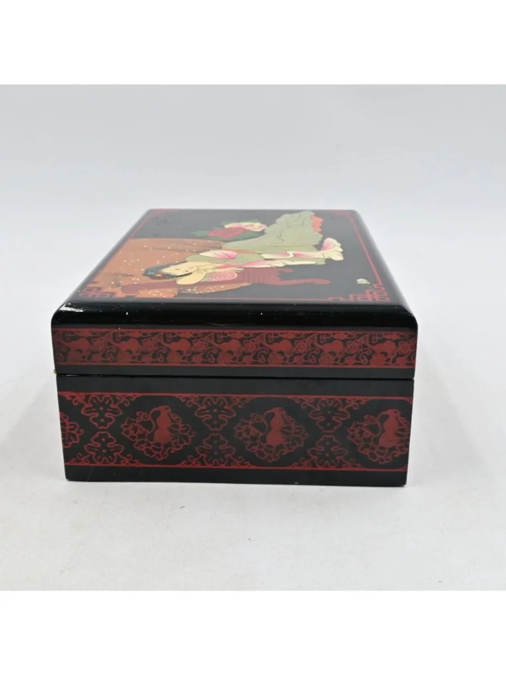 Chinese Black Lacquer Jewelry Box Vintage Hand Painted Reclining Lady Mirror